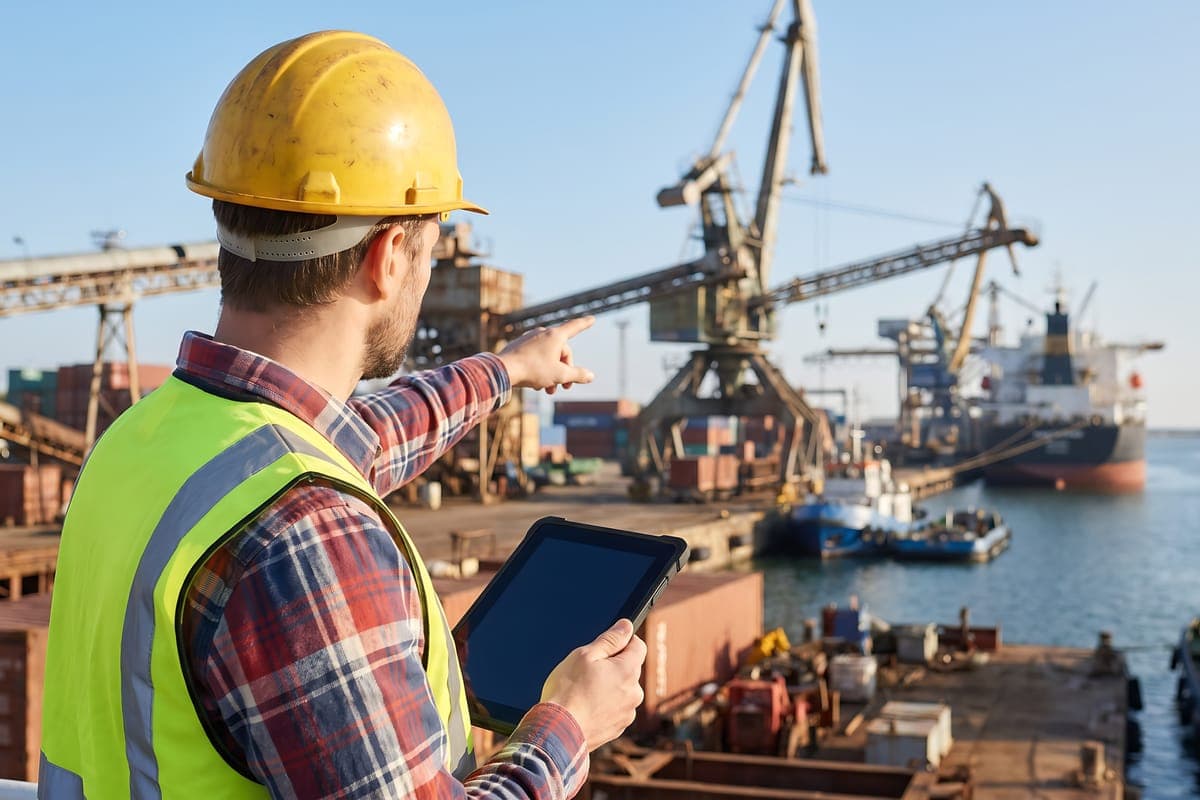An engineer with a tablet pointing out a quay crane during an inspection