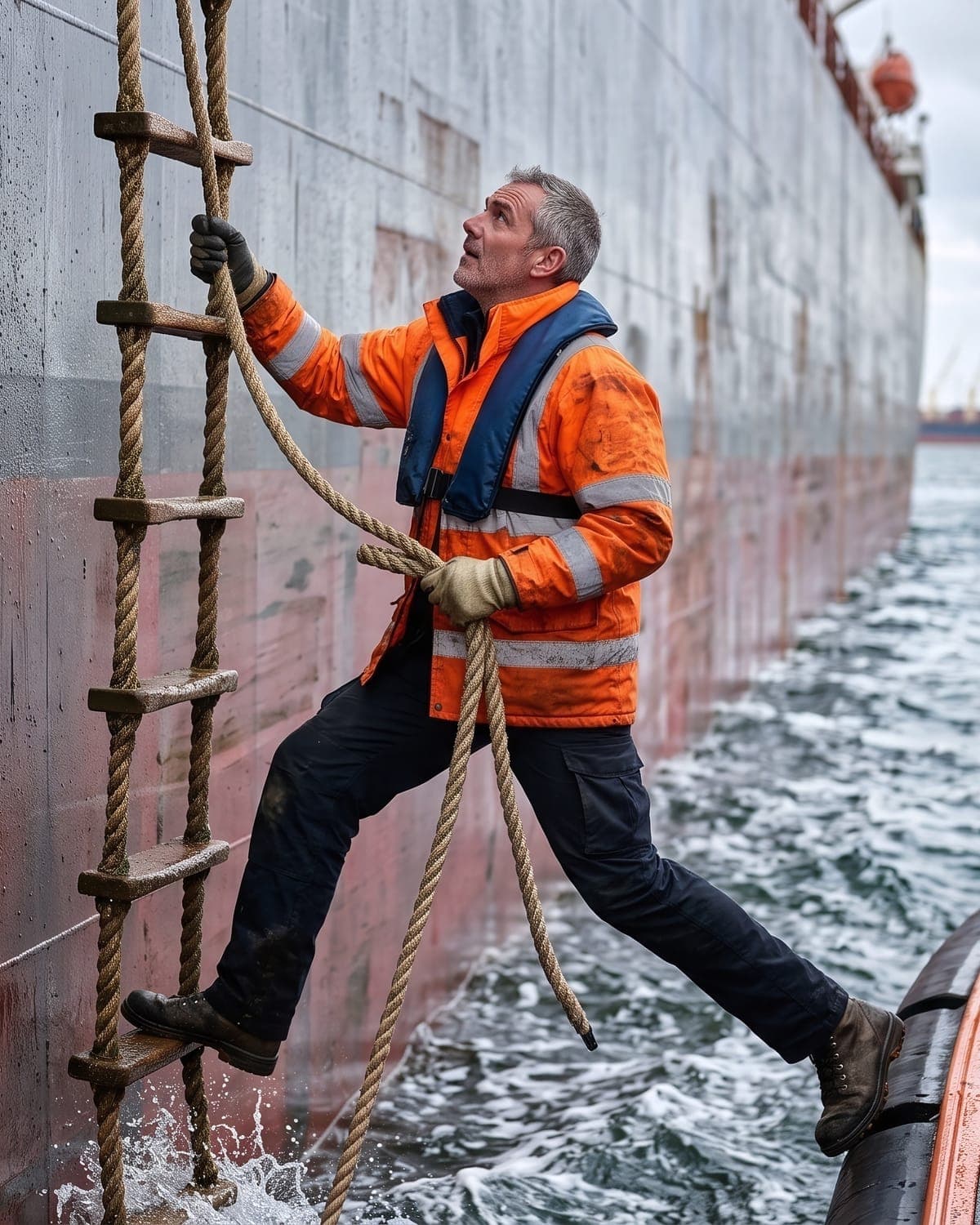 A pilot in an orange jacket climbs the rope ladder from the pilot boat up the side of a ship